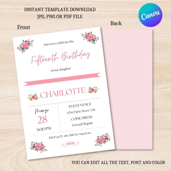 Floral Fifteenth Birthday invitation