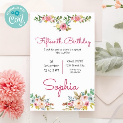 Flowers Invitation Fifteen Sixteen Birthday Invitation